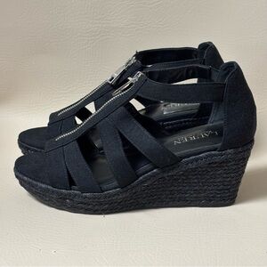 Ralph Lauren Kelcie Fabric Open Toe Casual Espadrille Wedge Sandals  Blk Sz 9